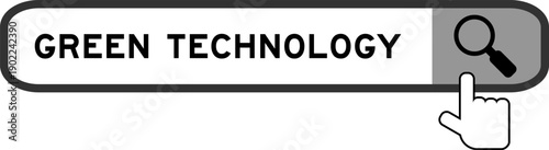 Search banner in word green technology with hand over magnifier icon on white background