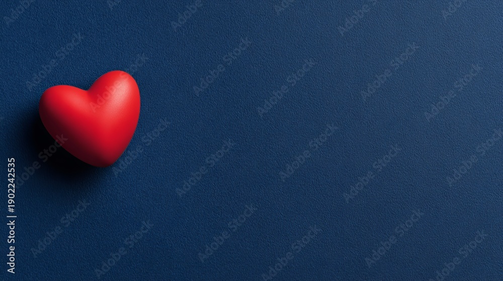 Obraz premium A small red heart sits on a dark blue background with plenty of copy space.