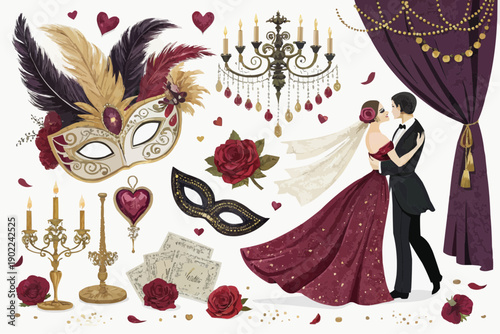 Couple in formal attire at a romantic masquerade ball with masks and roses