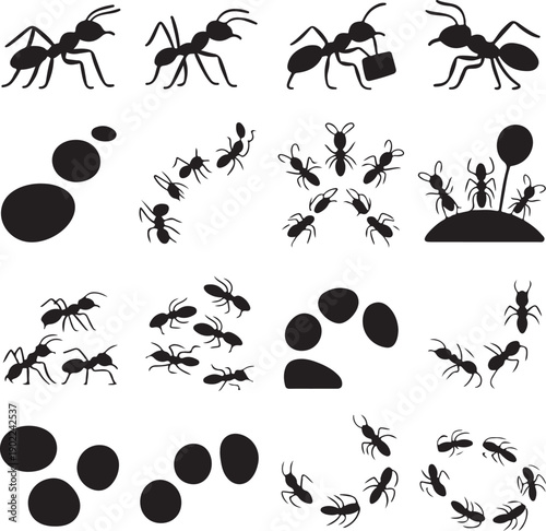 black silhouettes of ants and rocks on white background