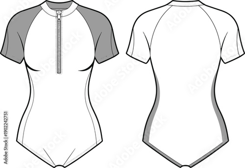 women short sleeve zip up swimsuit Front and back view