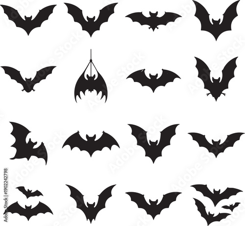 black silhouettes of bats in various flying positions