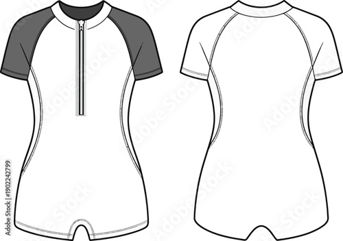 women Short sleeve zippered swimsuit fashion illustration front and back