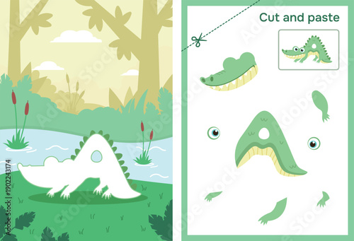 Alphabet worksheet for preschoolers. A friendly alligator near a river in the shape of the letter A. Educational flashcards with a game for children. Vector illustration for cutting and pasting