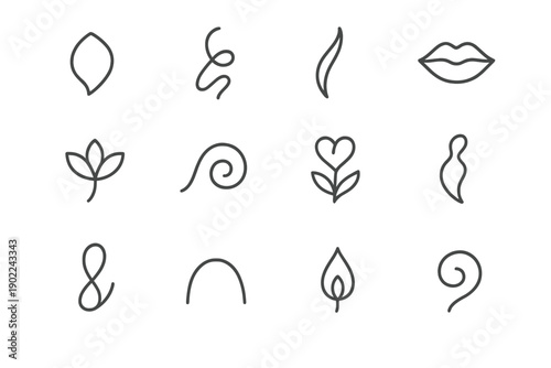 Feminine Icon Set. Feminine abstract shapes. Line outline icon set of feminine abstract shapes: soft petal,