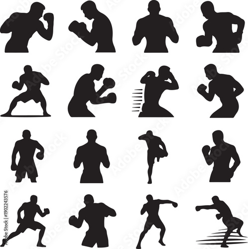 Black silhouettes of boxers in various fighting poses on white background
