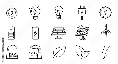 Collection of energy source icons including lights solar panels and wind turbines