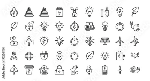 Collection of energy source icons including lights solar panels and wind turbines
