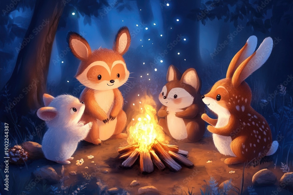 Obraz premium Whimsical woodland creatures around campfire in magical forest night scene