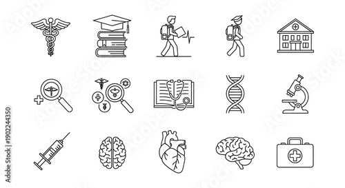 Black and white icons representing medicine education and graduation