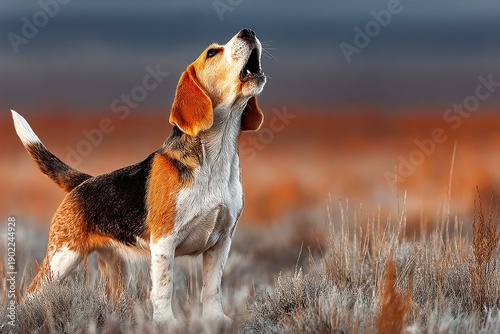 Beagle howling in a backyard during a peaceful evening Generative AI
