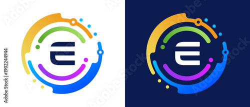 Modern letter “E” logo with circular abstract elements and colorful gradient design, symbolizing digital technology, innovation, data connectivity, and modern branding.