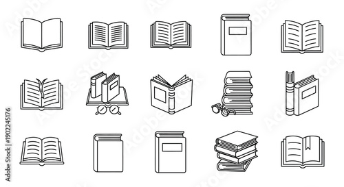 Collection of simple line art illustrations depicting various books and stacks