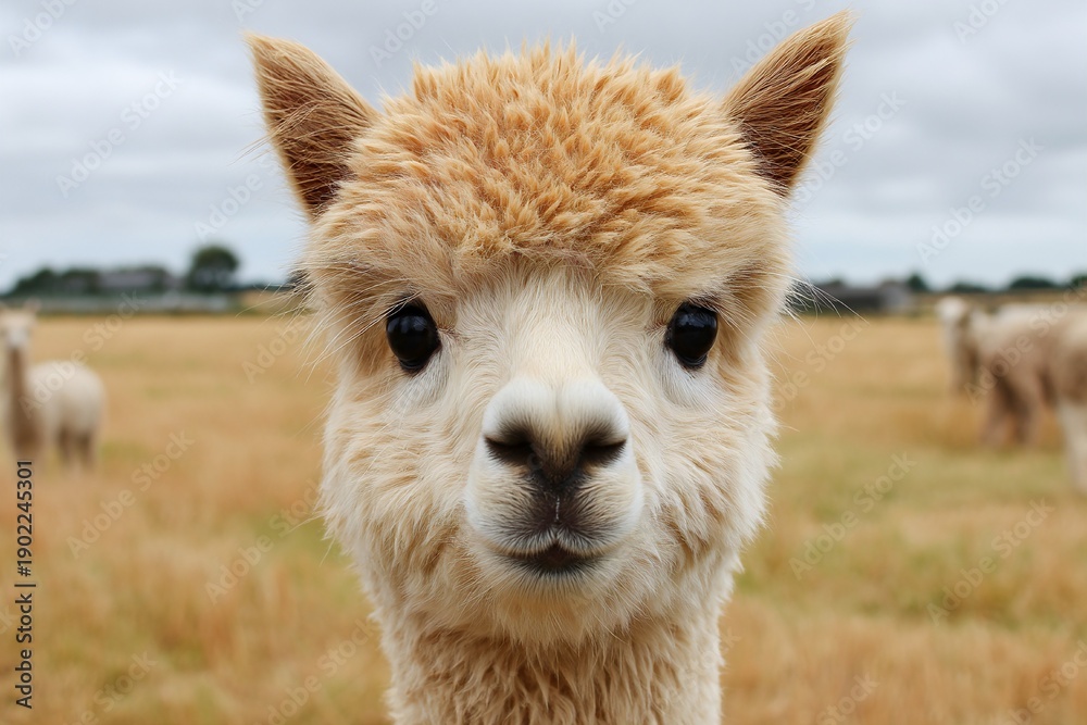 Naklejka premium Quirky farm animal portrait featuring an adorable alpaca in a golden field Generative AI