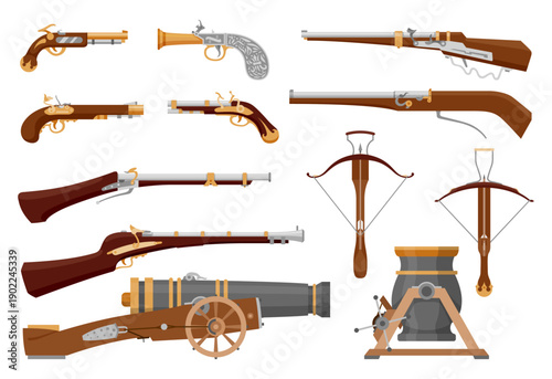 A vector set of medieval firearms, including muskets, rifles, cannons and crossbows, used in battle and service.