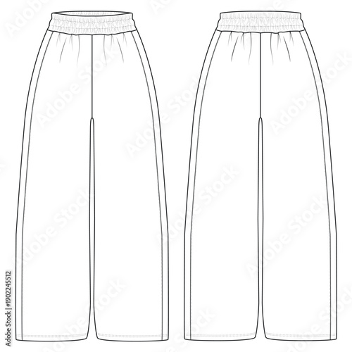Wide Leg Pants trajur Vector Template Front Back Technical Flat