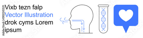 Medicine, biology, respiratory functions, genetic research, social relationships, healthcare concepts. Outlined respiratory system, test tube with DNA and a heart in a chat bubble. Biology