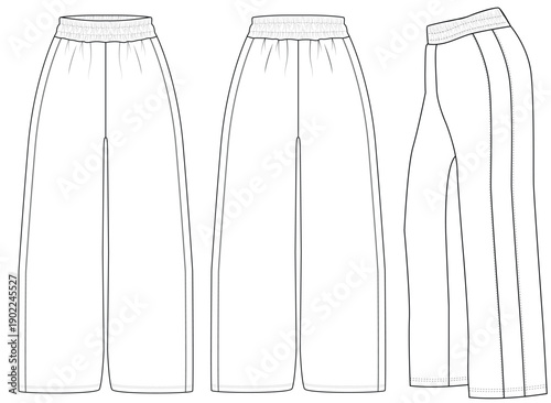 Wide Leg Pants trajur Vector Template Front Back Technical Flat