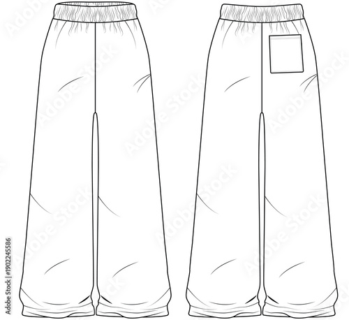 Wide Leg Pants trajur Vector Template Front Back Technical Flat
