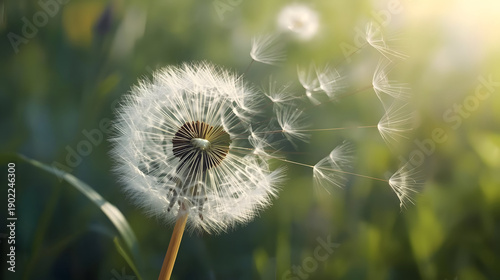 Beautiful white dandelion blowball with flying seeds in sunny summer atmosphere full of positive energy and lucky nature light on green blurred background showing freedom hope and wind dispersion
