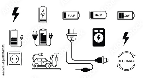 Variety of battery charging and power symbols in black and white