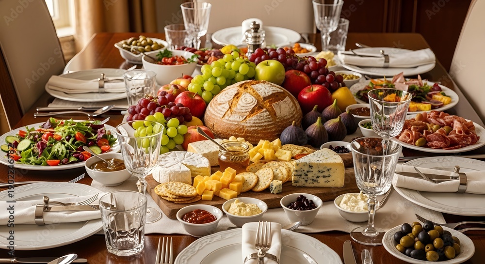 Fototapeta premium A beautifully set table with a large spread of food and wine glasses in a warm and inviting dining room