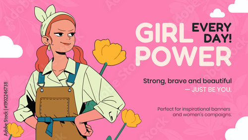 Strong Female worker. Happy Women's Day greeting card.
