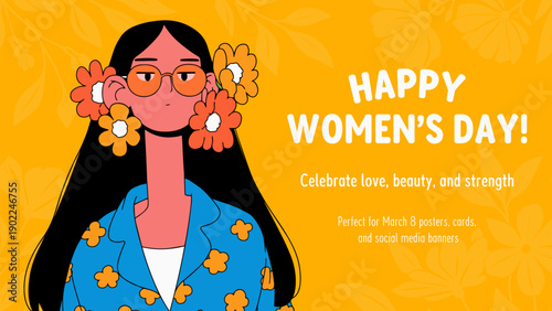 Vector illustration of woman with flowers. Happy Women's Day greeting card.