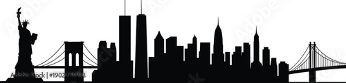 New York City skyline silhouette vector illustration with Statue of Liberty, bridges, skyscrapers, urban architecture artwork for travel and decoration