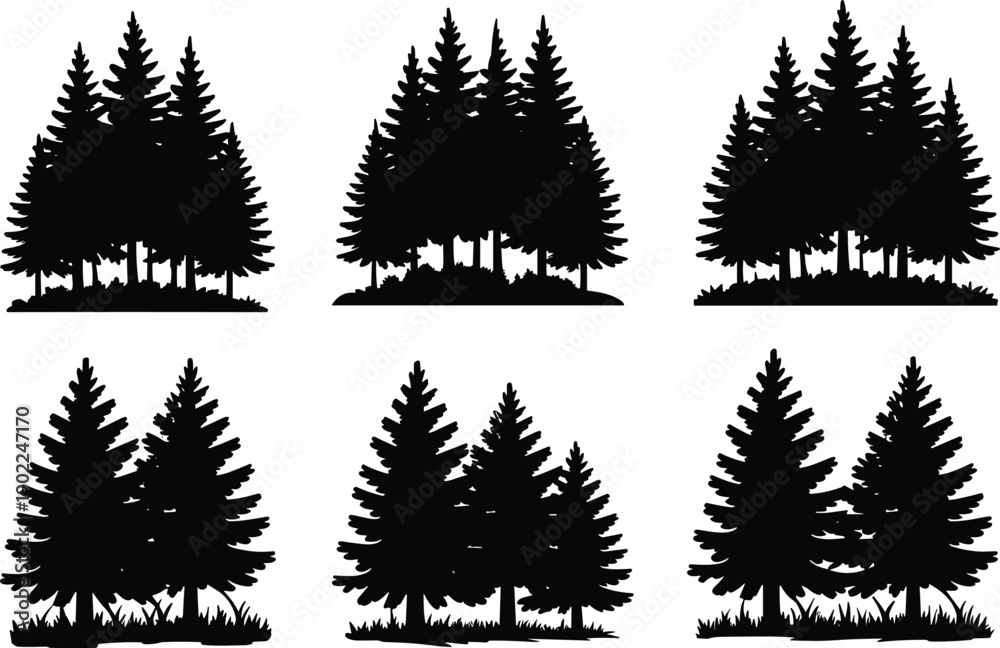 Obraz premium Silhouette vector illustration of pine tree forest clusters, natural woodland landscape design elements for logos, decoration, outdoor adventure themes