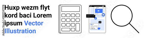 Data analysis, online learning, mobile applications, search tools, digital finance, technology usability. Image displays a calculator, mobile app interface and magnifying glass. Data analysis