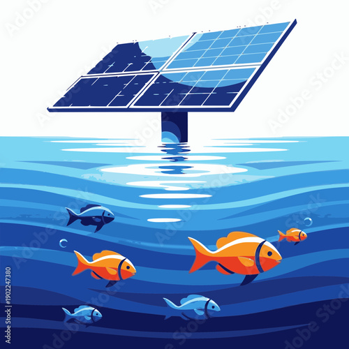 Solar panel floating on water with fish swimming below, symbolizing renewable energy and marine life