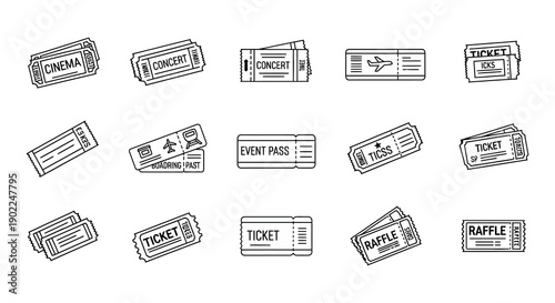 Collection of various event and cinema tickets in a linear design