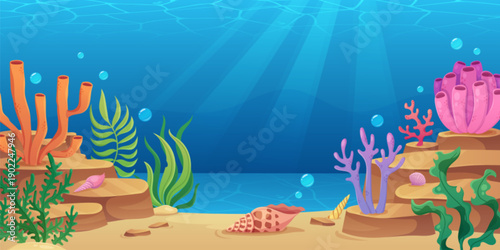 Seabed scene with cute shells and corals on sand with plants and algae. Cartoon ocean landscape with purple sponges, green kelp fronds and gentle light beams filtering through blue water above.