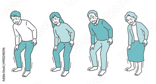 足の痺れ・痛みに耐える老若男女のイラストセット（糖尿病・坐骨神経痛・全世代）