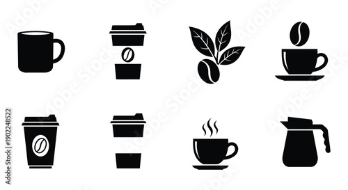Black and white icons depicting various coffee related items and elements
