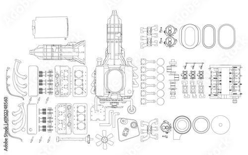 Detailed car engine set on a white background, featuring a disassembled set with components in clean contour illustration.