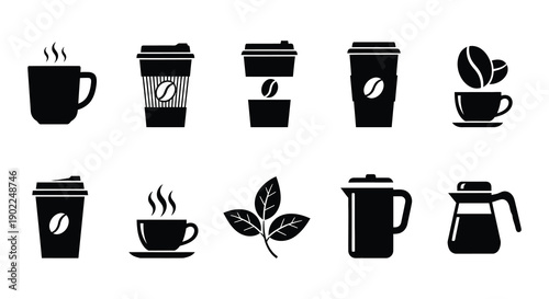 Black and white icons depicting various coffee related items and elements