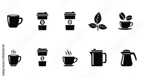 Black and white icons depicting various coffee related items and elements