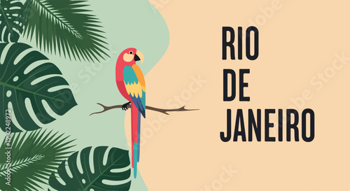 Illustration of a colorful parrot perched on a branch with tropical leaves and Rio de Janeiro text on a beige background.