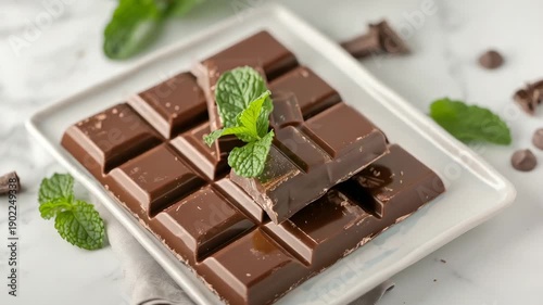 Dark chocolate bars on tray with mint leaves