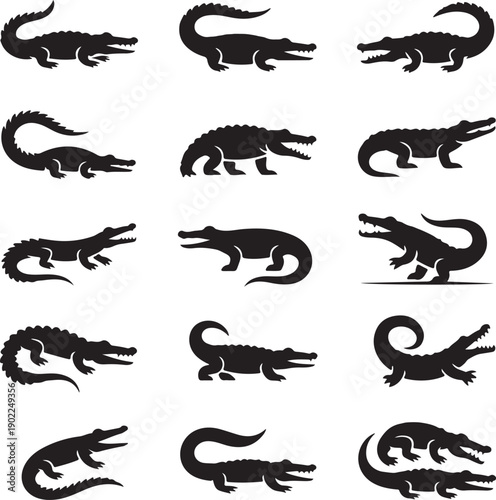 black silhouettes of various crocodiles and alligators on white background