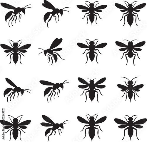 black silhouettes of various flying insects with six legs
