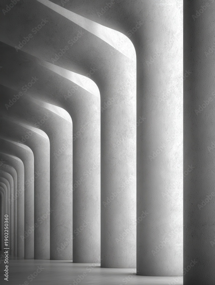 Fototapeta premium A series of massive curved concrete pillars create a rhythmic architectural perspective in a minimalist monochrome setting with soft overhead lighting and deep shadows.