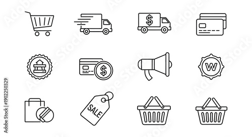 Collection of outline icons representing delivery shopping and payment options