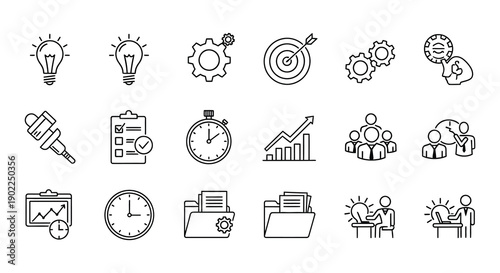 Black icons representing ideas strategy time management and business success