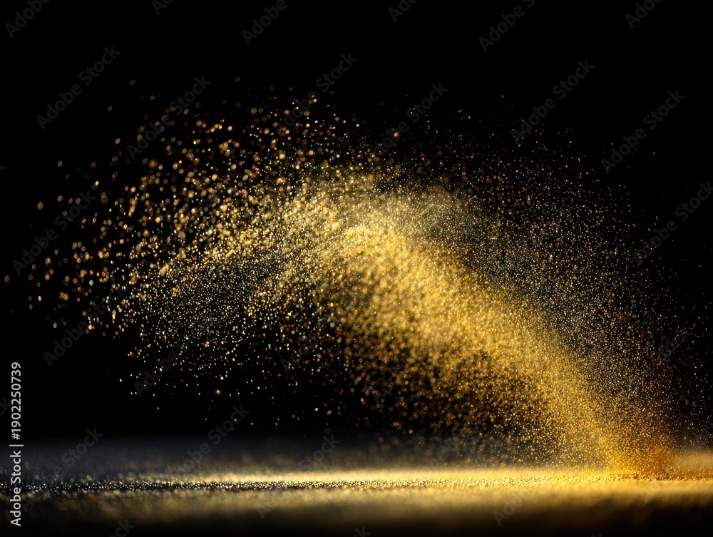 Fototapeta premium A freeze motion shot captures golden sand particles flying through the air against a solid black background. The glittering dust forms a dynamic arc with a glowing trail on the floor.