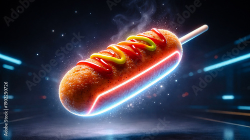 宇宙空間に浮かぶ近未来アメリカンドック、遊び心のあるSFフードコンセプト/Futuristic Corn Dog Floating in Space, Playful Sci-Fi Food Concept Generative AI