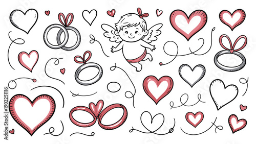 Charming doodle illustration of love and wedding elements with cute cupid, hearts, engagement rings, and decorative swirls in red and black sketch style.