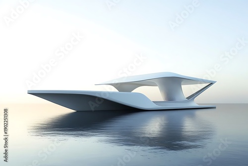 Immaculate all-white yacht with modern structure and minimal detailing, set against calm ocean backdrop 